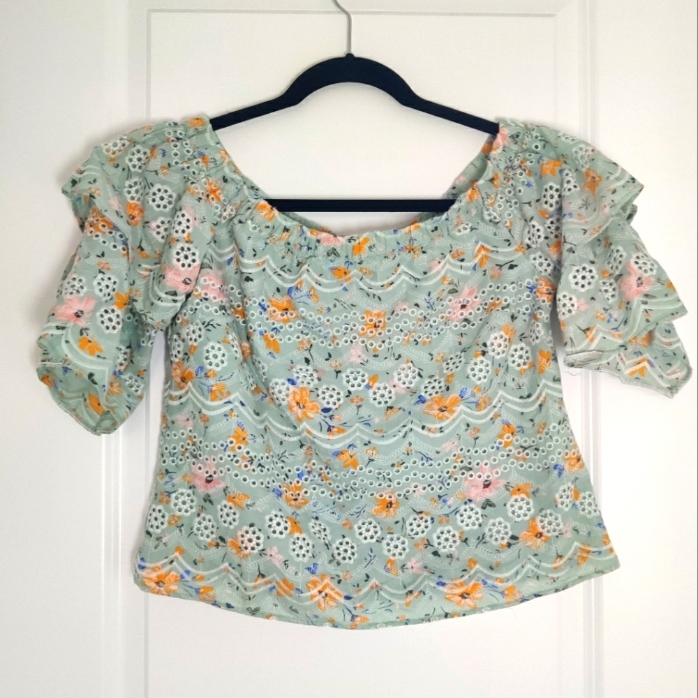 *Laia Anthropologie Seafoam Floral Eyelet Blouse Cotton Feminine Boho Top Small - Picture 2 of 9